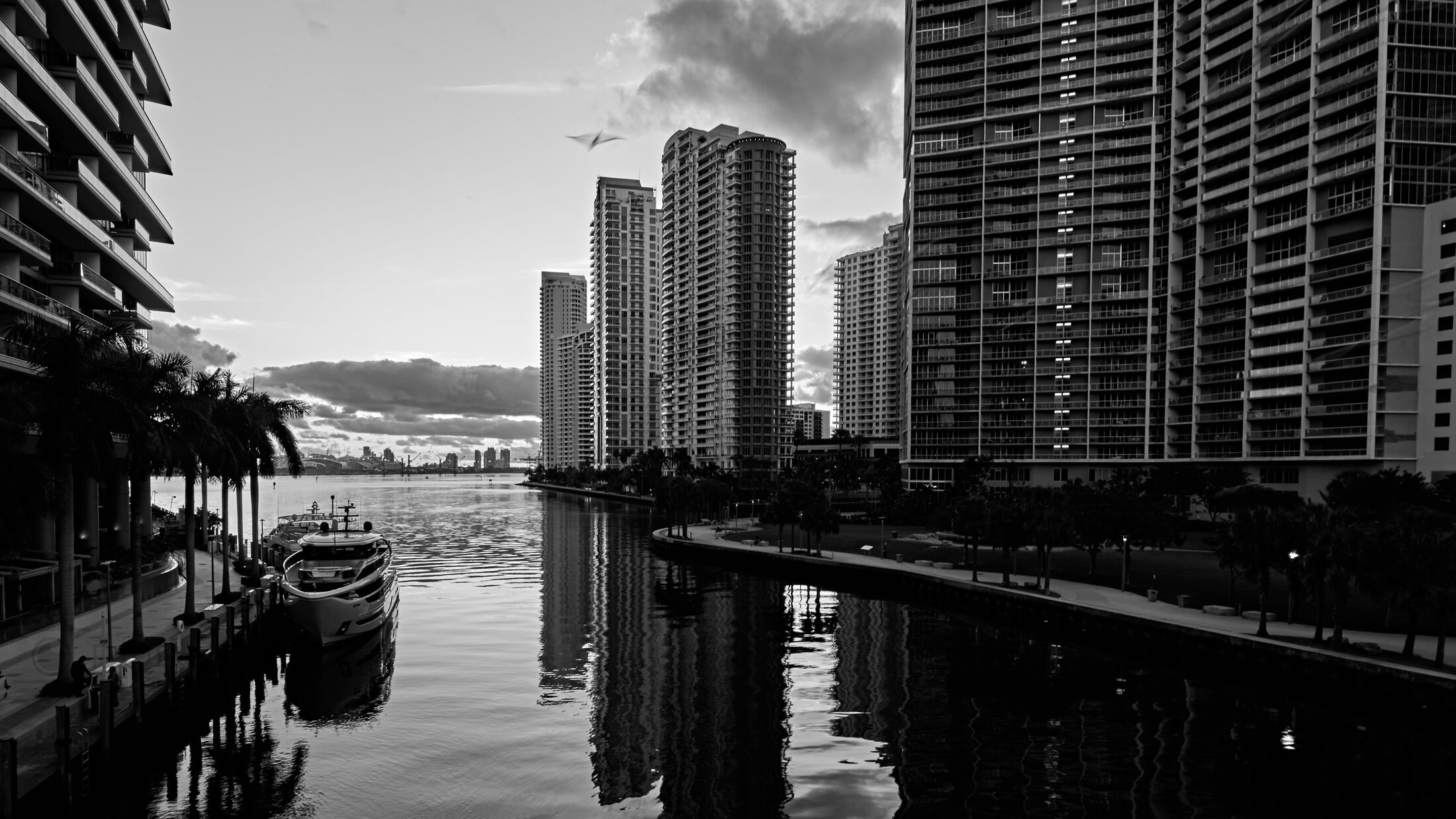 High-rise buildings are reflected in dark river water.